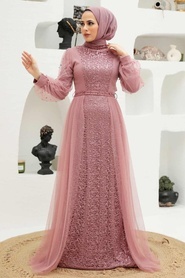 Neva Style - Long Sleeve Powder Pink Modest Evening Gown 5632PD - Thumbnail