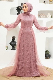 Neva Style - Long Sleeve Powder Pink Modest Evening Gown 5632PD - Thumbnail