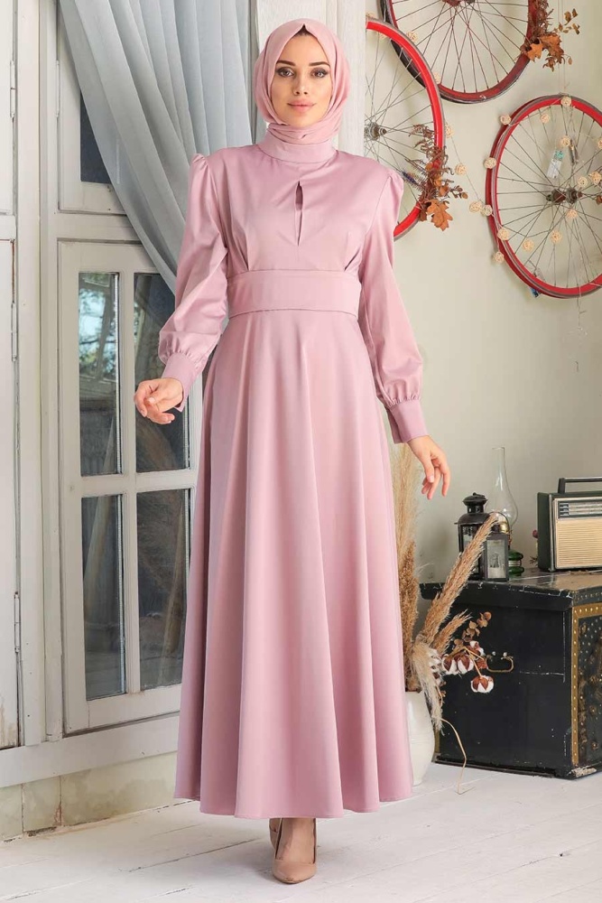 Powder Pink Hijab Evening Dress 7627PD - 1