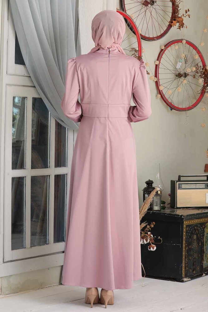 Powder Pink Hijab Evening Dress 7627PD - 2