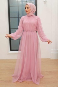 Neva Style - Plus Size Powder Pink Islamic Clothing Engagement Dress 9170PD - Thumbnail