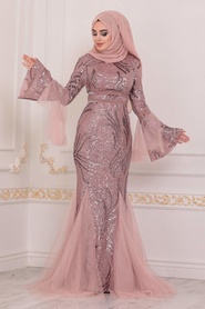 Powder Pink Hijab Evening Dress 22521PD - Thumbnail