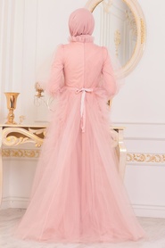Powder Pink Hijab Evening Dress 40820PD - Thumbnail