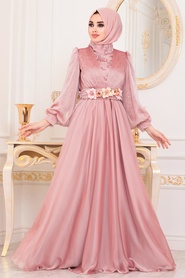 Powder Pink Hijab Evening Dress 41180PD - Thumbnail