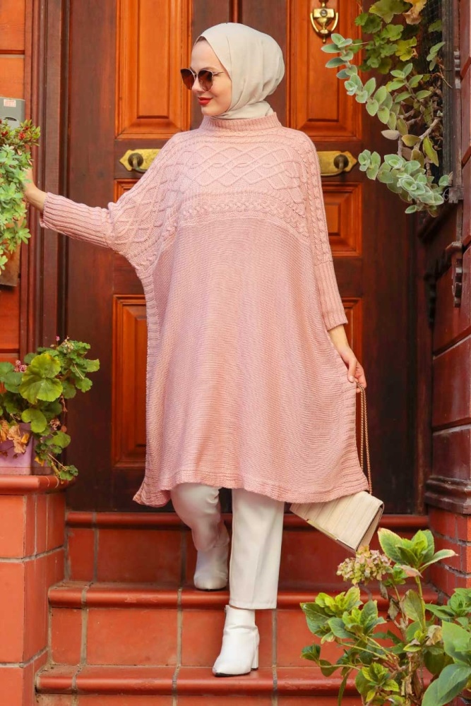 Powder Pink Hijab Knitwear Poncho 3245PD - 1