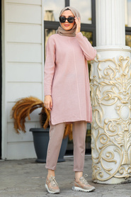 Powder Pink Hijab Knitwear Tunic 18441PD - Thumbnail