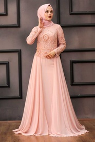 Powder Pink Hijab Evening Dress 18810PD - Thumbnail