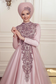 Powder Pink Hijab Evening Dress 192501PD - Thumbnail