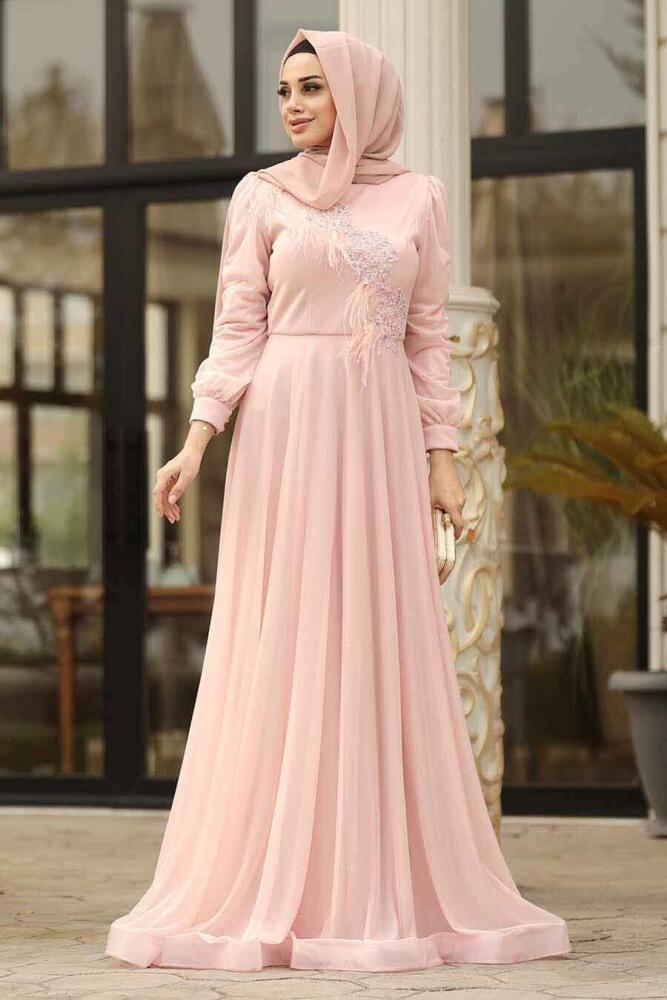 Powder Pink Hijab Evening Dress 39210PD - 1