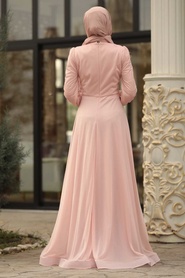 Powder Pink Hijab Evening Dress 39210PD - Thumbnail