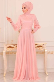 Powder Pink Hijab Evening Dress 39270PD - Thumbnail