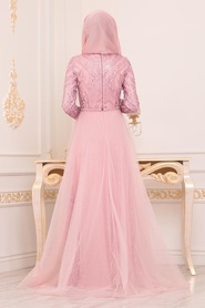 Powder Pink Hijab Evening Dress 39370PD - Thumbnail