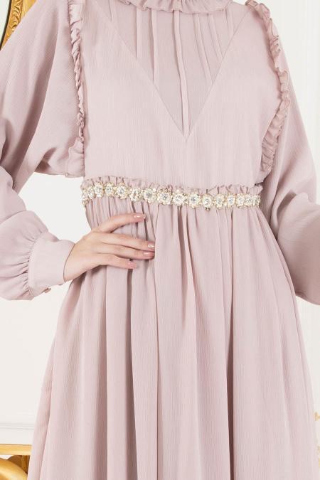 Powder Pink - Tesettürlü Abiye Elbise - Robes de Soirée 3742PD - 2
