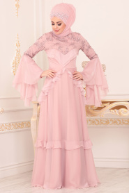 Powder Pink - Tesettürlü Abiye Elbise - Robes de Soirée Hijab 190501PD - Thumbnail