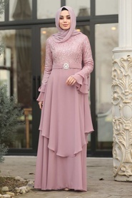 Powder Pink Hijab Evening Dress 8701PD - Thumbnail