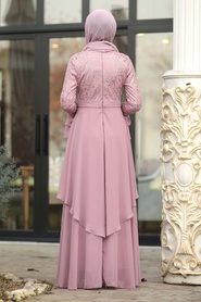 Powder Pink Hijab Evening Dress 8701PD - Thumbnail