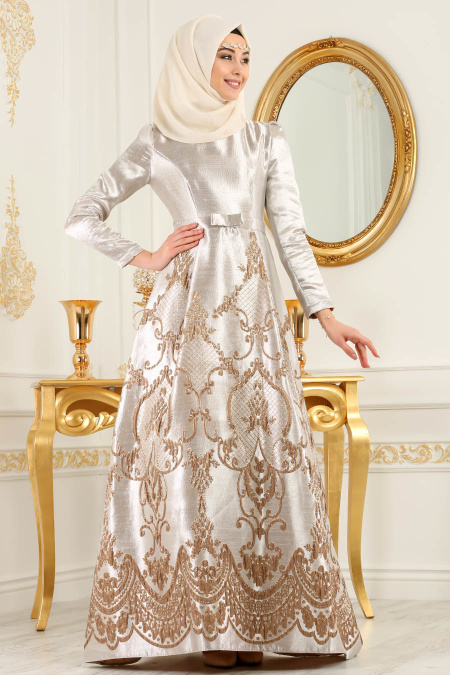 Puane - Beige Hijab Evening Dress 8184BEJ