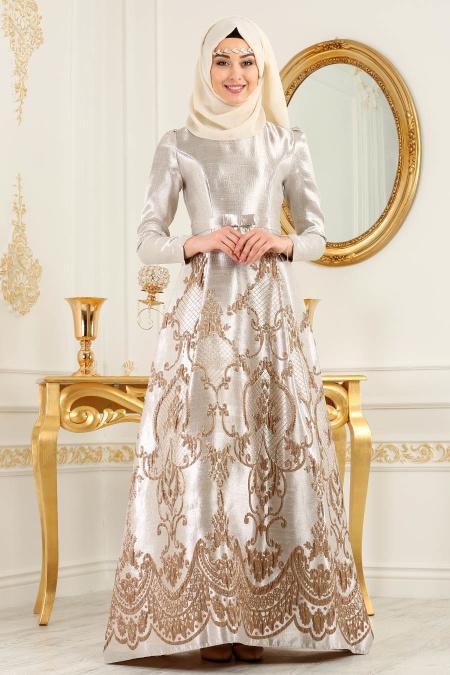 Puane - Beige Hijab Evening Dress 8184BEJ - 2