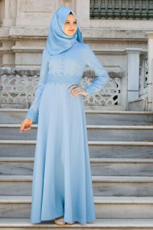 Puane - Beli Dantel Detaylı Bebe Mavisi Tesettür Abiye Elbise 8082BM - PUANE 