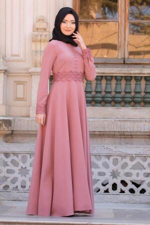 Puane - Beli Dantel Detaylı Gül Kurusu Tesettür Abiye Elbise 8082GK - PUANE 