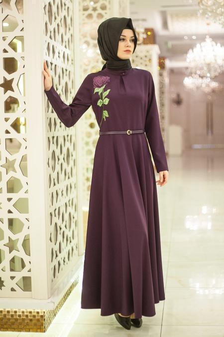 Puane - Çiçek İşlemeli Mor Elbise - PUANE 