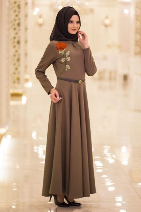 Puane - Çiçek İşlemeli Yeşil Elbise - PUANE 