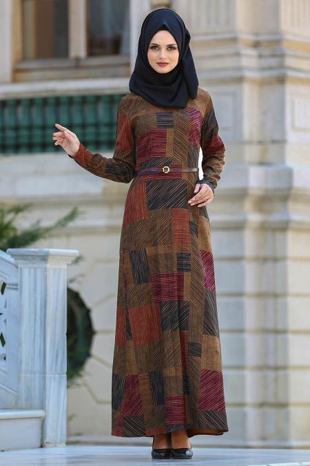 Puane - Çizgili Desen Tesettür Elbise 4814-01DSN - PUANE 