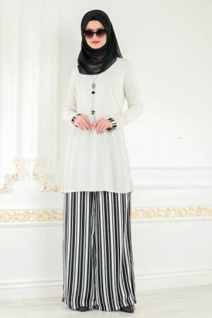 Puane - Çizgili Ekru Tunik / Pantolon Tesettür Takım 50200E - 1