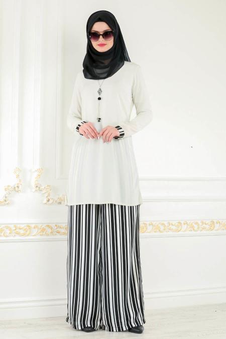 Puane - Çizgili Ekru Tunik / Pantolon Tesettür Takım 50200E - 1
