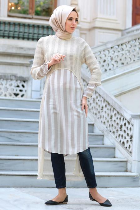 Puane - Çizgili İki Parça Vizon Tesettür Tunik 8831V - PUANE 