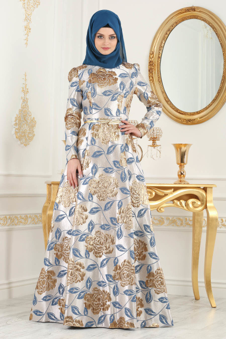 Puane - Jakarlı Mavi Tesettür Abiye Elbise 8186M