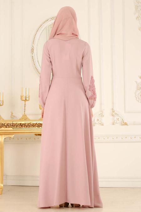 Puane - Kolları Boncuk Detaylı Pudra Tesettür Elbise 8145PD - 2