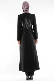 Puane - Leather Detailed Black Felt Coat 2641S - Thumbnail