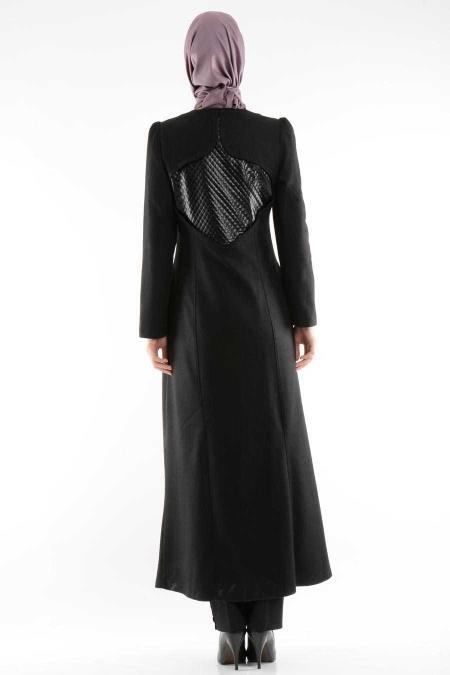 Puane - Leather Detailed Black Felt Coat 2641S - 3