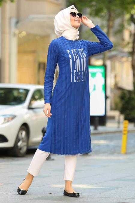 Puane - Önü Yazılı Kolyeli Sax Mavisi Tesettür Tunik 9008SX - PUANE 