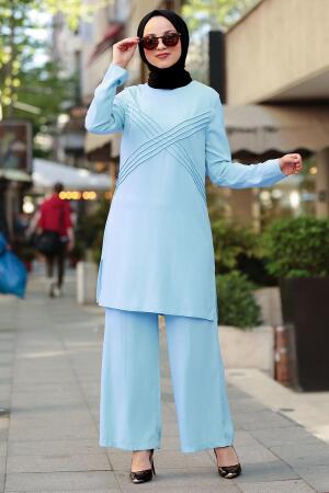 Puane - Tunik / Pantolon Bebek Mavisi Tesettür Takım 50140BM - 1