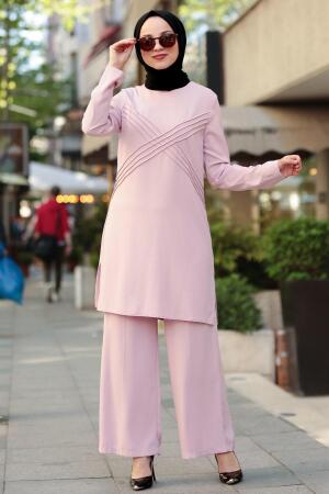 Puane - Tunik / Pantolon Pudra Tesettür Takım 50140PD - 1