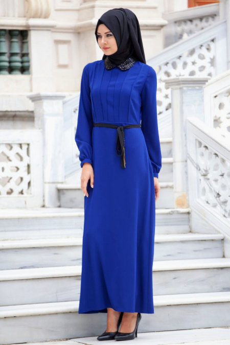Puane - Yakası Payetli Sax Mavisi Elbise