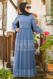 Puantiyeli İndigo Mavisi Tesettür Elbise 31650IM - Thumbnail