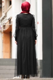 Puantiyeli Siyah Tesettür Elbise 1325S - Thumbnail