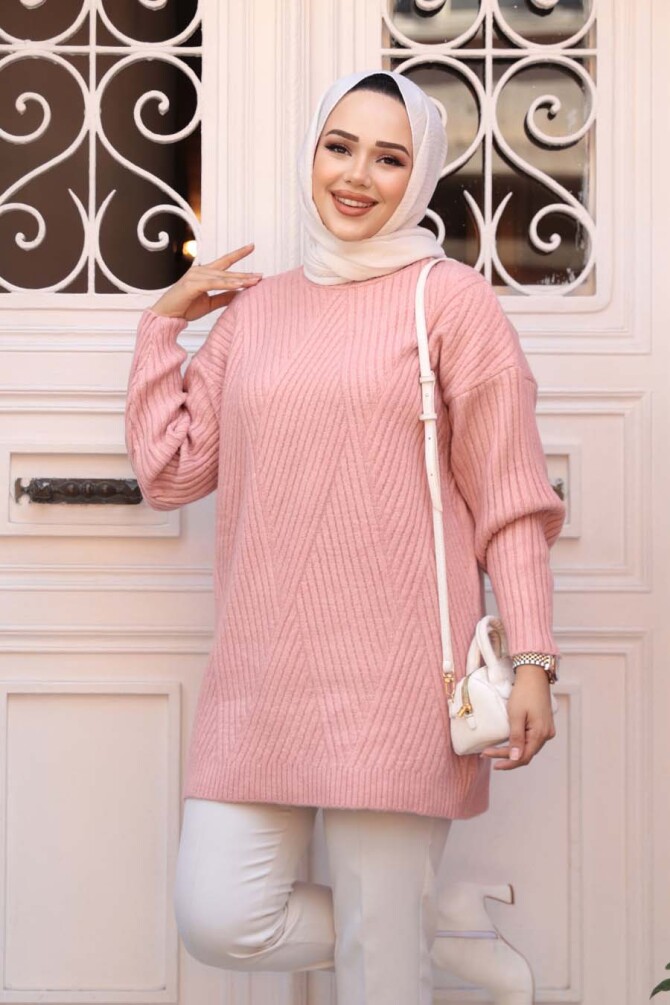 Pudra Tesettür Triko Kazak Tunik 7852PD - 1