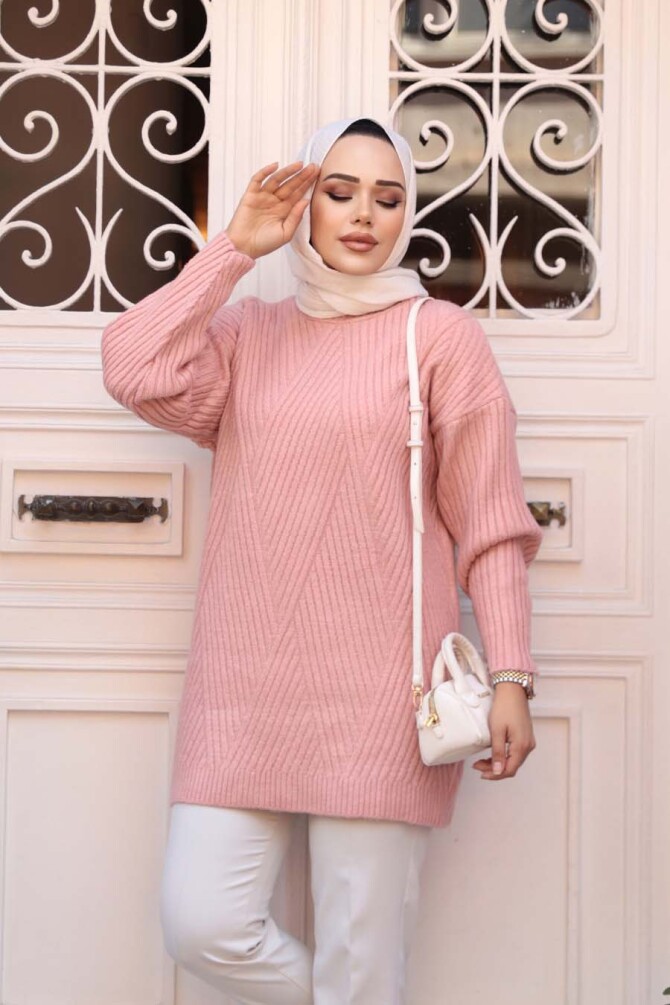 Pudra Tesettür Triko Kazak Tunik 7852PD - 2