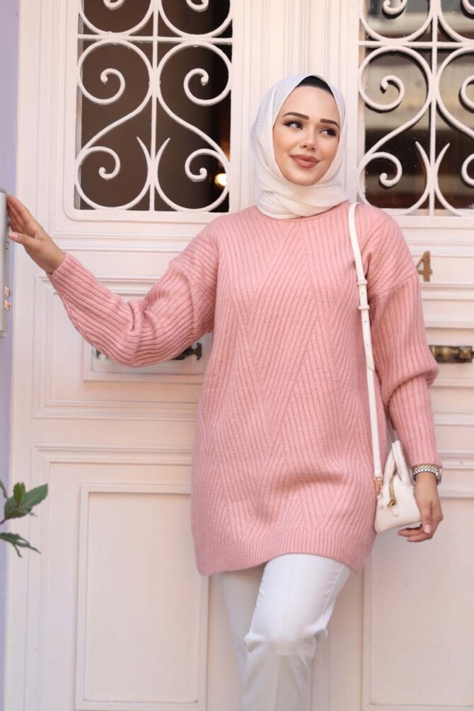 Pudra Tesettür Triko Kazak Tunik 7852PD - 3
