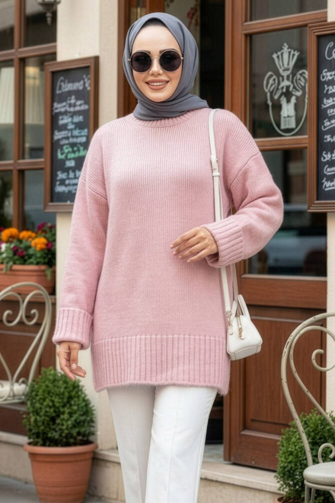 Pudra Tesettür Triko Kazak Tunik 87181PD - 1