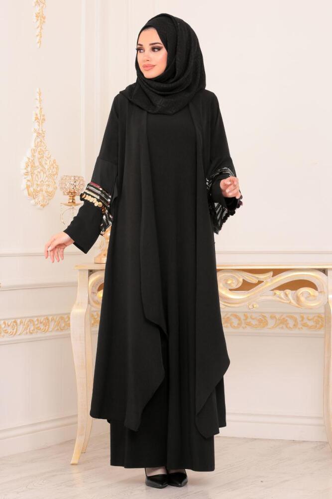 Pul Detaylı Siyah Tesettür Abaya 8891S - 1