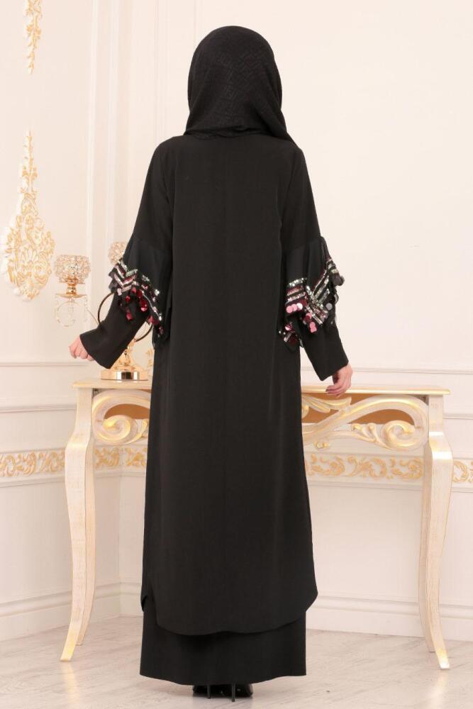 Pul Detaylı Siyah Tesettür Abaya 8891S - 2