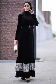 Pul Payet Detaylı Siyah Tesettür Kadife Elbise 11023S - Thumbnail