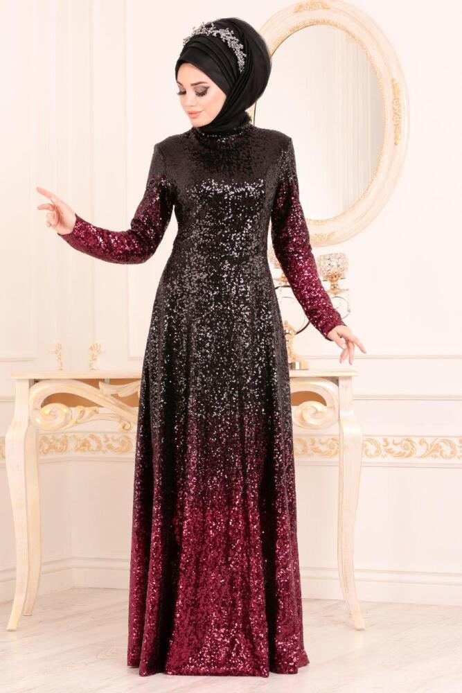 Pul Payetli Bordo Tesettür Abiye Elbise 8576BR - 1