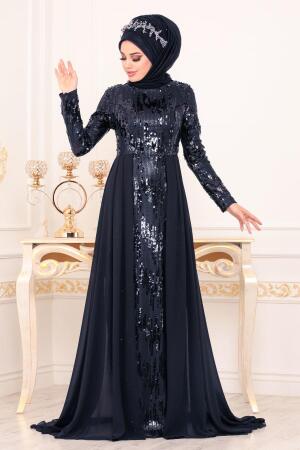 Pul Payetli Lacivert Tesettür Abiye Elbise 8590L - 1