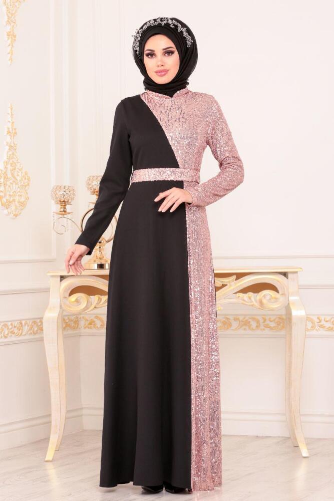 Pul Payetli Pudra Tesettür Abiye Elbise 8611PD - 1